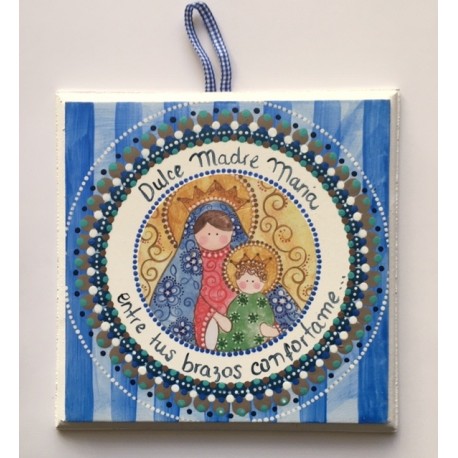 Cuadro Virgen con Niño, fondo rayado azul, 15x15. La Dulce Compañía
