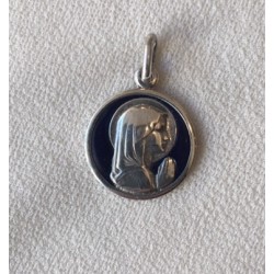 Medalla de plata Virgen Niña con fondo en esamalte azul, 18 mm.