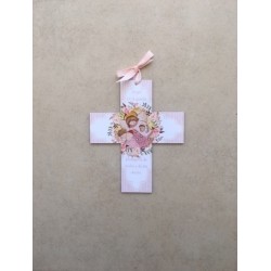 Cruz de madera, Ángel de la Guarda, con oración, rosa.
