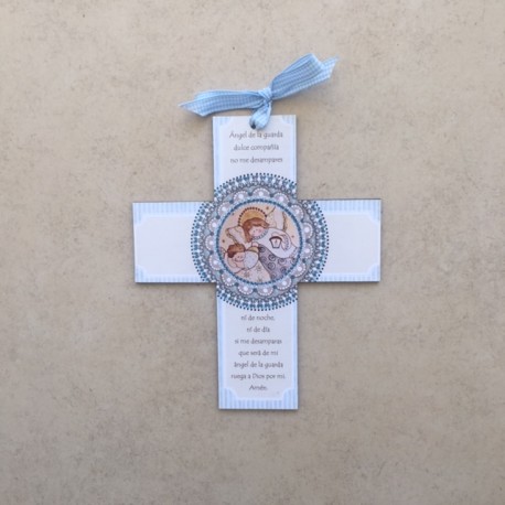 Cruz de madera, Ángel de la Guarda, con oración, celeste.