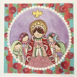 Estampita Virgen María con niñas.