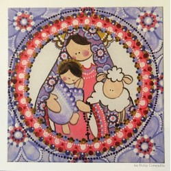 Estampita Virgen con Niño y oveja, violeta.