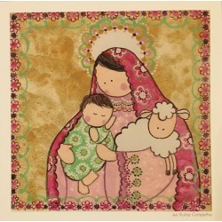 Estampita Virgen con Niño y oveja, rosa.