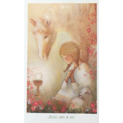Estampita Niña con caballo y oveja, rosa.