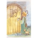 Estampita niño pastor tocando la puerta.